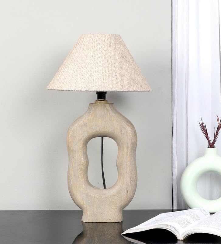 tu casa Wooden Table Lamp with Off-White Jute Shade | Decorative Bedside & Study Lamp for Bedroom, Living Room, Home Décor & Gifting