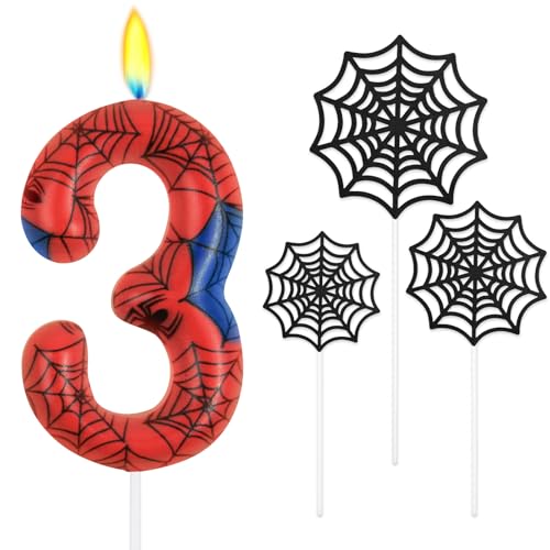 Alaoo Velas de Aniversário de Aranha com Números 3, Vela Vermelha e Azul Vela de Aranha Numérica de Aniversário, Vela de Aniversário com Tema de Aranha, para Meninos e Meninas Bolo de Aniversário