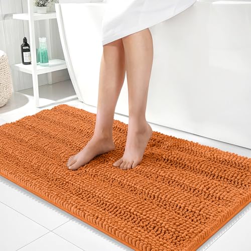 Image of OLANLY Thick Bathroom Runner Rugs 44x24, Extra Absorbent Chenille Striped Bath Rugs, Rubber Backing, Machine Wash Dry, Long Bath Mats for Bathroom Floor, Tub and Shower, Home Decor Accessories, Clay