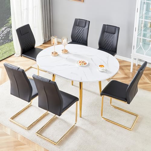 Image of Extendable Round Dining Table Set for 6, 42-54 inch Expandable Dining Table with 6 Upholstered Chairs, Engineered Wood Top, Space-Saving Round Kitchen & Dining Room Table Set(1 Table + 6 Black Chairs)