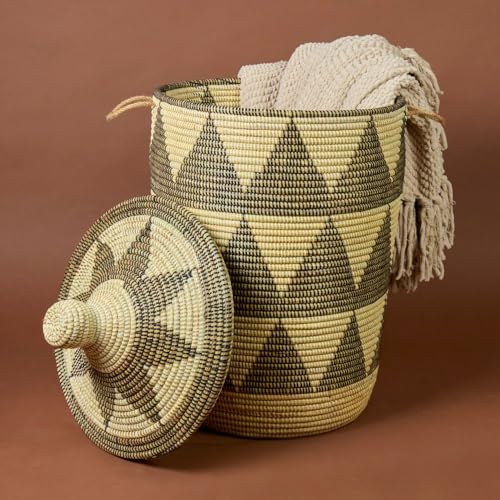 Tall Large Decorative Wicker Storage Basket with Lid, Laundry Hamper, Blanket Storage, Toys Bin, Clothes Holder, Boho Style (Black Beige)