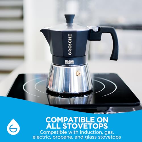 GROSCHE Milano Induction Stovetop Espresso Maker Moka Pot for Greca, Induction, Electric & Gas Stoves, Dishwasher Safe Stovetop Espresso Maker | 3 Espresso Cup, Black by GROSCHE - Image 3