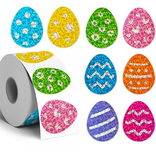 500Pcs Easter Stickers 1.2in Bling Sparkly Spring Happy Easter Eggs Stickers Roll 8 Colors Waterproof Self-Adhesive Egg Sticker for Holiday Cards Boxes Seal Envelopes Scrapbook Decorations