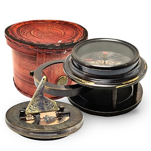 VINTORIA Antique Style Brass Sundial Compass 2.0 Inches with Magnifying Glass | Engraved Text, Leather Carrying Case, Ideal Gift for Collectors & Adventurers