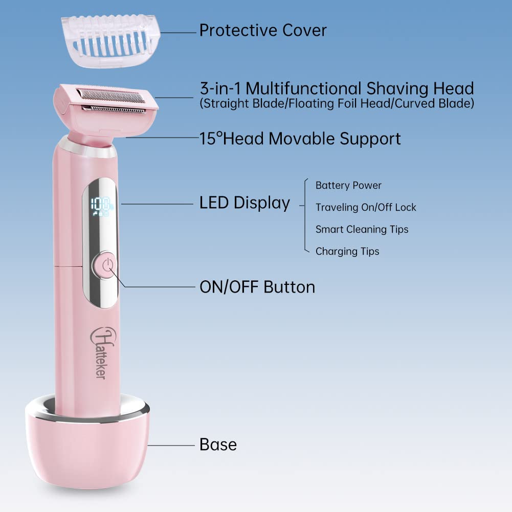 Hatteker Electric Lady Shaver Razor Wet and Dry Waterproof Bikini Trimmer for Women Rechargeable Legs Underarms Public Hair Painless Extendable Handle 3