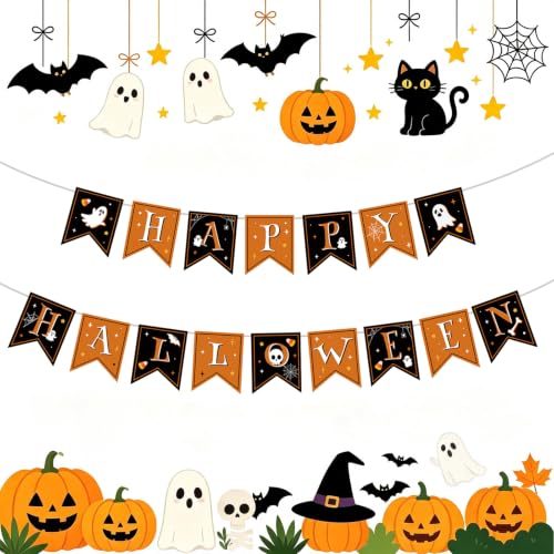 Halloween Decorations Banner - Happy Halloween Sign Paper Banners Garland for Halloween Party Decor Supplies Favors Props Indoor Outdoor Office Home Wall - image 1