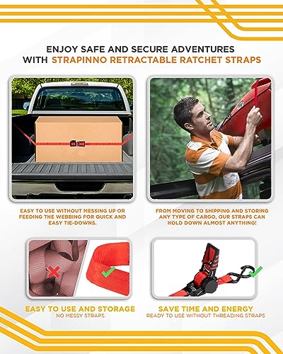 Image of Strapinno 4pcs Retractable Ratchet Straps Bundle 1in x 6ft Ratchet Tie Down with Rubber Coated Steel Handle, S Hooks, Breaking Strength 1500 lbs Each (Red Strap, Black Coated Buckle)