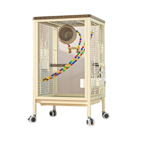 鳥かご、大型、キャスター付き、移動簡単、ダブルロック設計、お手入れ簡単、餌入れ付き、大型オウムケージ、複数のセキセイインコ、インコ、オカメインコを収容可能(白/黒/ベージュ) (ベージュ,パッケージ6)