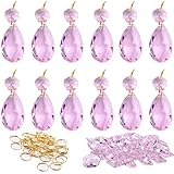 BIHRTC 12Pcs 38mm Galss Crystal Teardrop Chandelier Prisms Parts Hanging Galss Crystal Pendants Beads +50pcs Metal Split Ring + 50pcs 14mm Octagonal Beads (Pink)