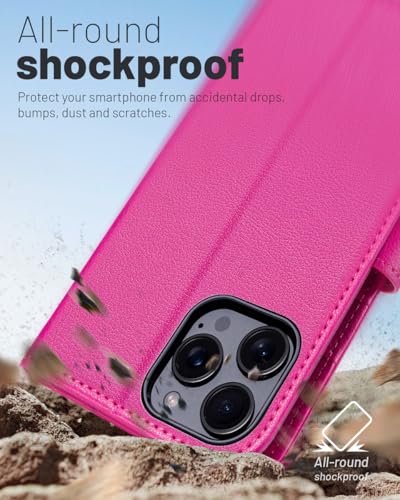 Coque iPhone 16 Pro Max antichoc en cuir PU portefeuille avec blocage RFID rose rouge