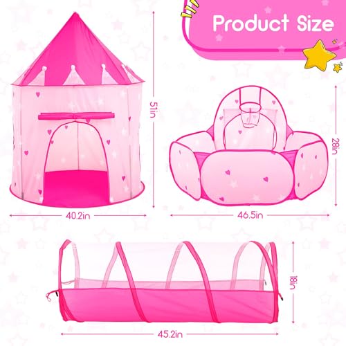 Image of PigPigPen 3pc Kids Play Tent for Girls with Ball Pit, Crawl Tunnel, Princess Tents for Toddlers, Baby Space World Playhouse Toys, Boys Indoor& Outdoor Play House, Perfect Kid's Gifts