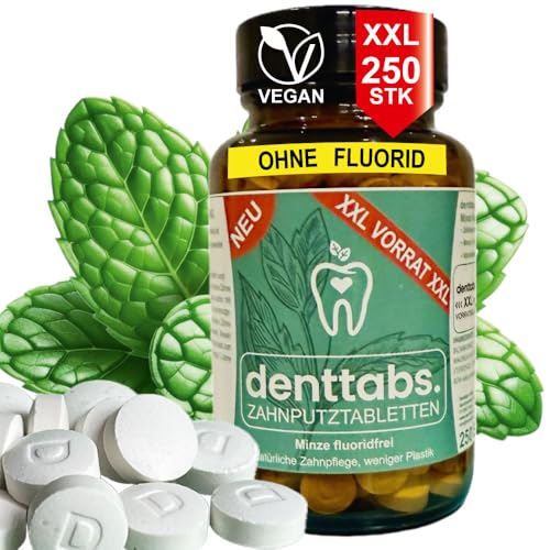 denttabs Pastiglie dentifricio Menta senza fluoruro in barattolo XXL 250 compresse, sufficienti per 4 mesi di cura naturale dei denti. L'alternativa completa al dentifricio tradizionale, vegano, senza