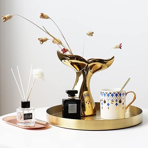 Miniatura 6 de Bandeja decorativa redonda de metal dorado de 14 pulgadas, bandeja dorada con acabado espejo con pared de 1 pulgada, bandeja de mesa circular de