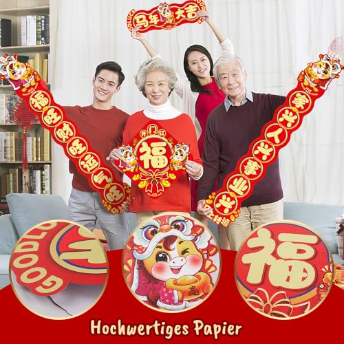 2026 Chinesische Couplets Dekorative Sets, 15 Stück Neujahrsdekorationen, Chinesisches Pferd Neujahr Fensteraufkleber und 9 Stück Rote Umschläge für Chinesisches Neujahr, Fu (Horse)