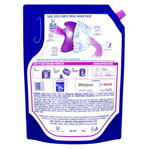 Image of Surf Excel Matic Front Load Liquid Detergent 5Kg Refill Pouch, Specially designed to remove Tough Dried Stains, 1st time in Washing Machine