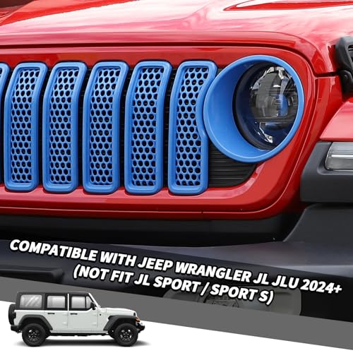 Image of 9PCS Headlight Cover & Front Grill Mesh Inserts Compatible with Jeep Wrangler JL JLU 2024+, NOT FIT JL Sport /Sport S (Light Blue)