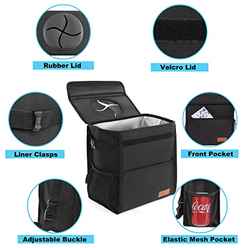 Image of Leak Proof Car Trash Bag Waterproof Garbage Can with Lid for SUV Front Seat Multipurpose Car Hanging for Headrest Collapsible and Portable with Storage Mesh Pocket, Large / Black