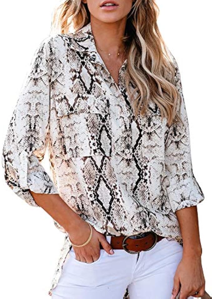 Astylish Women Button Down Snake Print 3 4 Tab Sleeve Tunic Blouse Tops Shirts