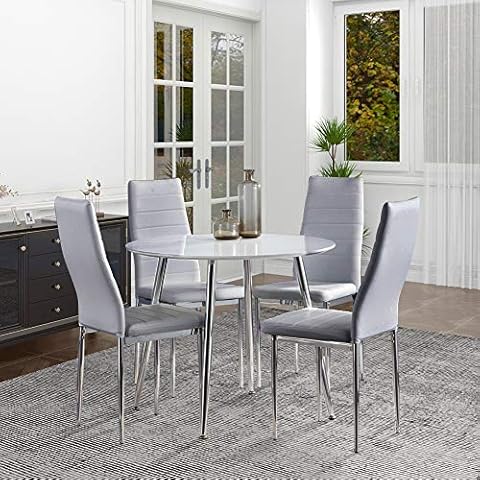 GOLDFAN Esstisch mit 4 Stühlen Set Esstisch Rund Weiß Moderner Hochglanz Küchentisch aus Holz Grau Esszimmerstuhl aus Leder Cover