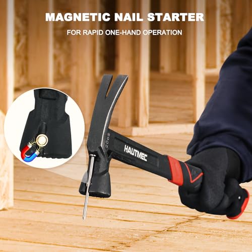 HAUTMEC 20 oz. One Piece Forged Framing Hammer with Straight Rip Claw, Milled Face, Shock-Absorbing Grip, with Magnetic Nail Holder, HT0371-HM - Image 5