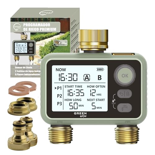 GREEN GOF Programador de Riego Premium. Conectores de Latón, 2 Salidas de Agua, Sensor de Lluvia, Temporizador de Bajo Consumo a Pilas, 6 Programas Independientes, Fácil e Intuitivo.
