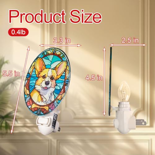 Image of Dog Night Light Corgi, Stained Glass Styled Plug-in Wall Nightlight, Bulb Included, Pet Memorial Dog Lover Gift, Bedroom Hallway Bathroom Decor, Manual On /Off Switch