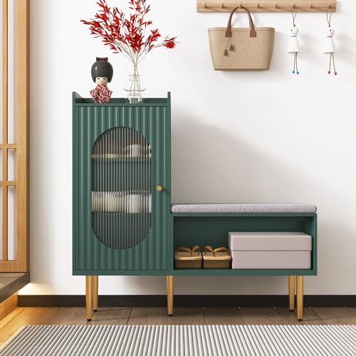 HOLTICO(ホルティコ) 収納ベンチ 玄関ベンチ 玄関スツール 靴キャビネット 幅100cm 木製 緑 おしゃれ スリム 靴効率収納 靴サイドボード キャビネット/クッション/ガラス扉/脚付き オットマン 玄関椅子 下駄箱 玄関腰掛け 靴棚 靴箱 北欧