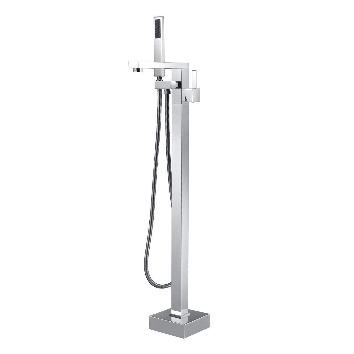 CWCQGH Freestanding Bathtub Faucet, Square Single Handle Waterfall Spout Tub Filler Brass Bathroom Faucets Floor Mounted Shower System with Handheld Shower and Shower Hose Set,C,Chrome