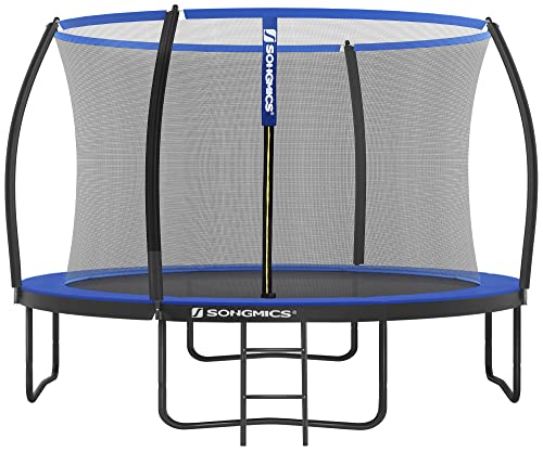 SONGMICS Cama Elástica Infantil Ø 366 cm, Red de Seguridad, Poste Curvo de 180 cm de Altura, Cojín de Seguridad, Escalera, Marco de Acero, Negro y Azul STR12BK