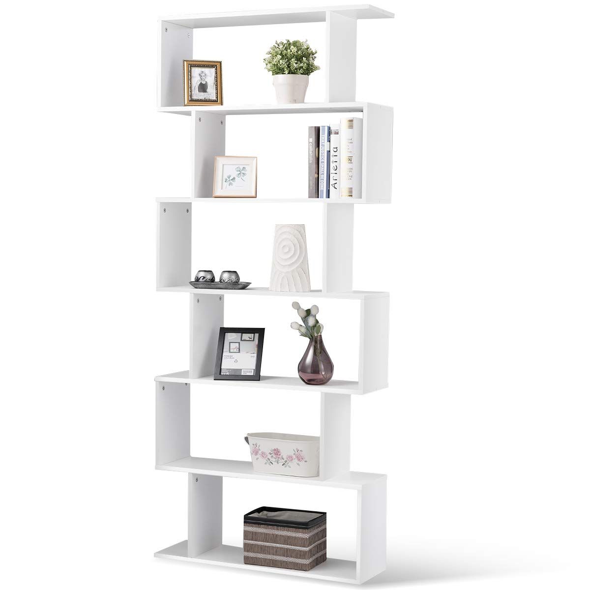 COSTWAY S-Shaped Wooden Bookcase, 5/6 Tiers Freestanding Storage Shelf, Home Office Industrial Decorative Bookshelf Display Stand Rack (White, 80 x 23 x 192cm)