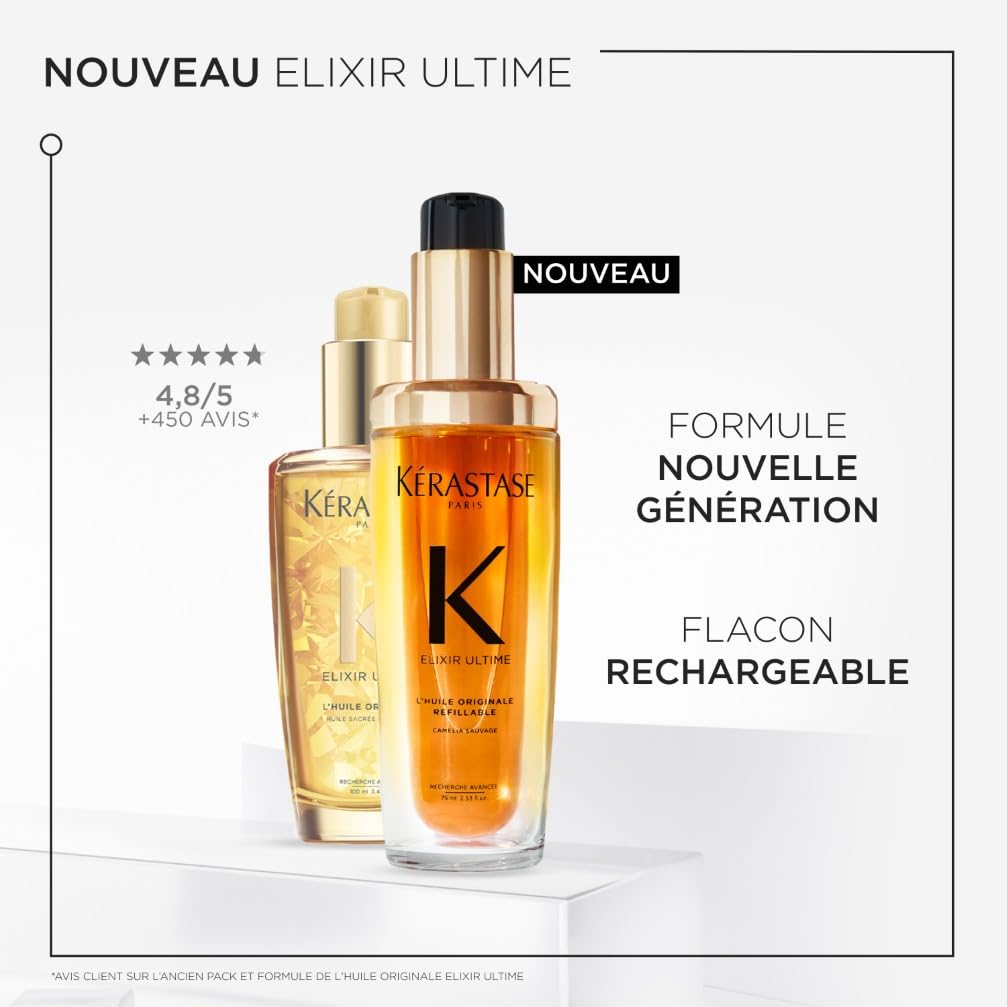 KÉRASTASE Nutritive & Élixir Ultime, Routine Nourrissante & Sublimatrice pour Cheveux Secs et Épais, Shampoing Bain Satin Riche (250 ml) + Huile Originale Rechargeable (75 ml)