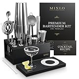 MIXLO HOME Mixology Bartender Kit -15Pcs Bar Set Cocktail Shaker Set w Black Bar Cart Accessories Stand - Shakers Bartending Silver Tools, 24oz Shaker, 17 Recipe Cards, Martini Barware