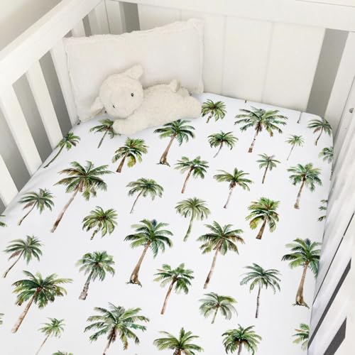 Image of Watercolor Palm Trees Baby Crib Sheets 52''x28'' Green Coco Palm Trees Snug Fitted Crib Mattress Cover for Boy Girl Summer Beach Soft Baby Nursery Bed Sheets for Standard Crib and Toddler Mattresses