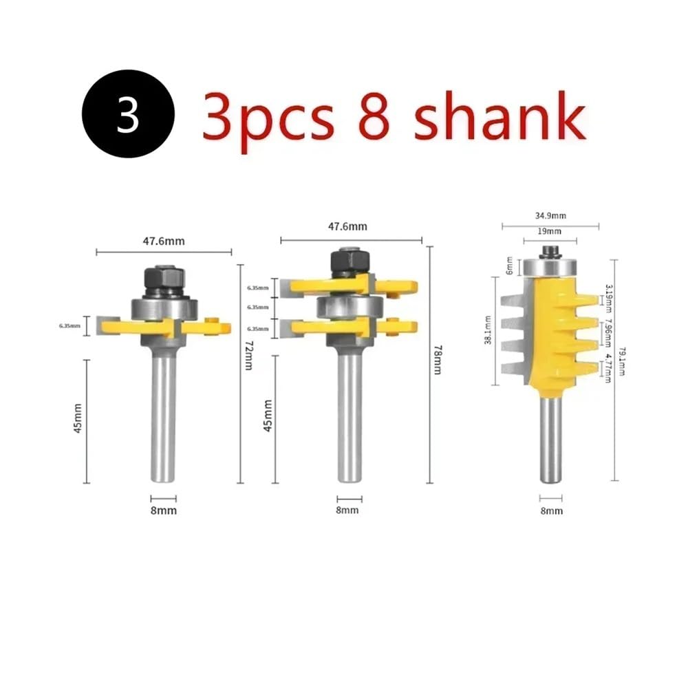 6mm 6.35mm 8mm 12mm 12.7mm Shank 3 szt. Bit przegubowy T&G Bit montażowy Router Frezy do obróbki drewna Frezy do drewna Bit Narzędzia do frezowania czołowego(3pcs 8mm shank)