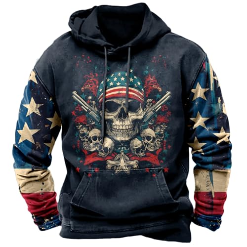 MARSVOVO Patriotic Western Hoodies for Men Country Hooded Sweatshirt Vintage Eagle Skull Flag Print Fall Oversized Shirt