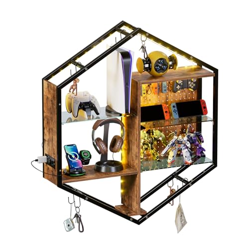 Estanteria Pared avec LED RVB Multicolore,Étagère Vitrine Murale Flottante avec 2 Cloisons Réglables en Verre,Station de Charge,Tablero perforado, Gaming Estantes Flotantes con Gancho,89x100x20cm