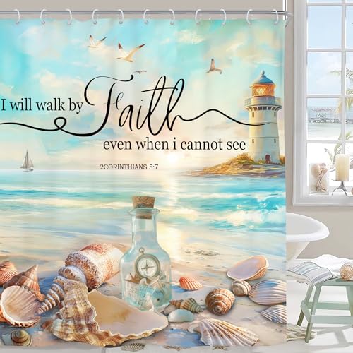 Riyidecor Beach Bible Verse Shower Curtain Ocean Christian Scripture Hawaiian Coastal Lighthouse Quote Nautical 72Wx72H Inch Starfish Seashells Fabric Decor Bathroom Polyester Waterproof 12 Pack Hooks