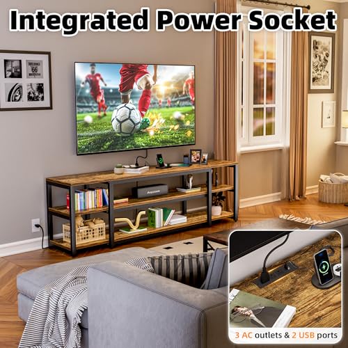 Image of Aquzee 85 inch TV Stand with LED Lights & Power Outlet, Entertainment Center for 70-75-80-85Inch TV, 75.2 inch Wide Wood Television Console Table for Living Room Bedroom Gaming Room, Brown