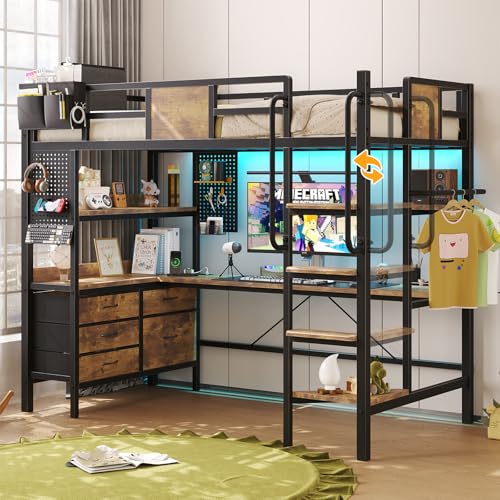 Loft Bed Twin Size, Loft Bed with Desk & RGB LED Lights and Charging Station, Bunk Bed with Desk and...
