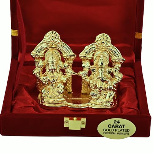 Image of 24K Gold Plated Brass Laxmi Ganesh Idol, Handicraft God Statue for Home Temple Office & Pooja, Murti for Mandir & Decor Diwali Gift, Wedding Anniversary & Corporate Gift, Housewarming- 3 inch, 400gm