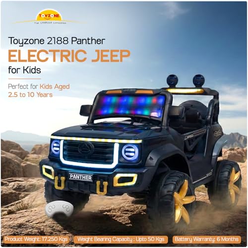 Image of Toyzone Panther Electric Jeep (Black) | 12V Rechargeable Ride on with 5Ah Battery | Music Player with BT, USB & AUX | Smooth Acceleration | 6M Battery Warranty | Age 3-10 Years, Upto 50 kg