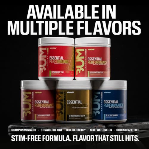 Image of RAW Essential Performance Non-Stim Pre-Workout Powder - Preworkout for Endurance, Strength & Focus Without Caffeine or Stimulants - Creatine Monohydrate, L-Citrulline & Beta Alanine - Strawberry Kiwi