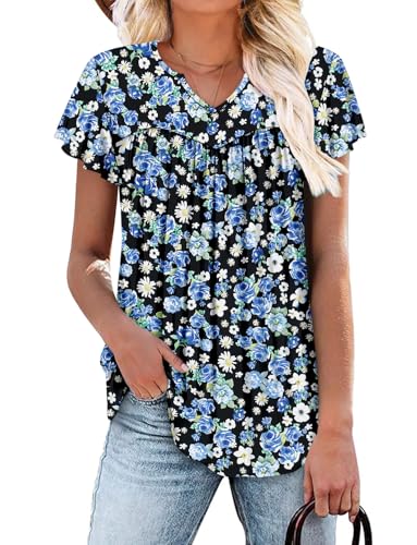 KISSMODA Tops for Womens Summer Cute Short Sleeve Shirts Trendy Notched Neck Blouses Casual Loose Pleated Tunics S-3Xl