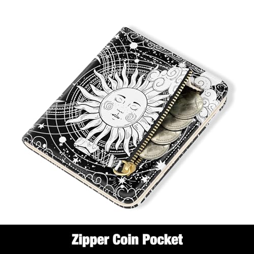 Image of Rouidr Womens Wallet, RFID Small Slim Wallet for Women, Cute Bifold Leather Pocket Credit Card Holder Ladies Mini Purse with Zipper Coin Pocket & ID Window, Abstract Sun