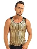 Haitryli Men's Shiny Sequins Sleeveless Slim Fitted Tank Top Vest T-Shirts Summer Rave Clubwear Black&Gold Large