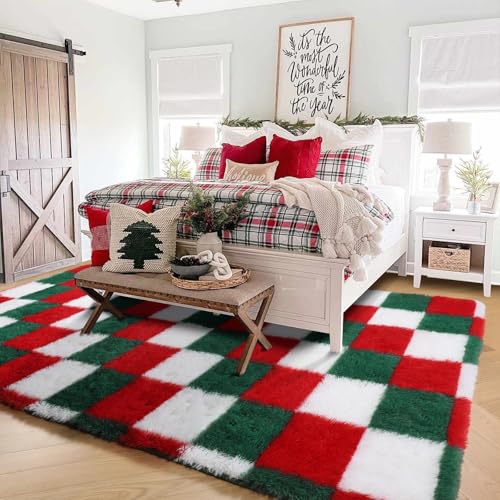 Image of KICMOR Christmas 8x10 Area Rugs Living Room Carpet, Large Fluffy Red Green White Checkered Shag Rug for Bedroom, Big Fuzzy Soft Plush Shaggy Carpets for Kids Boys Girls Room Nursery Holiday Decor