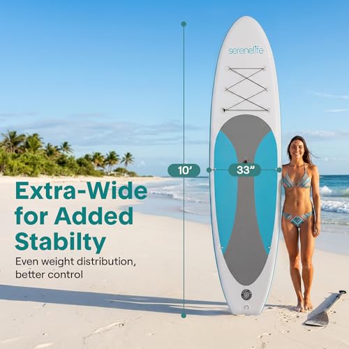 Image of SereneLife 10' Inflatable Stand Up Paddle Board with Premium SUP Accessories - Wide Stable Design with Non-Slip EVA Deck Pad, for Youth and Adults, 350 lbs. Capacity