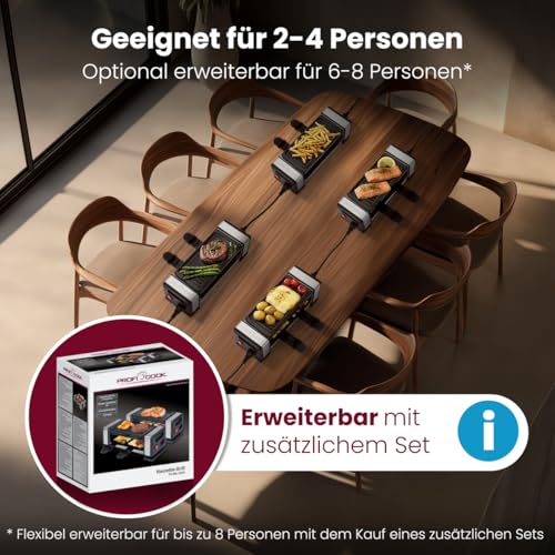ProfiCook® Raclette 2 Personen | erweiterbar für bis zu 8 Personen | inkl. 4 Pfännchen und 4 Spatel | Mini Raclette | Antihaftbeschichtung | Raclette | Set mit 2 Stück | 2x 350W | PC RG 1324 – Bild 2