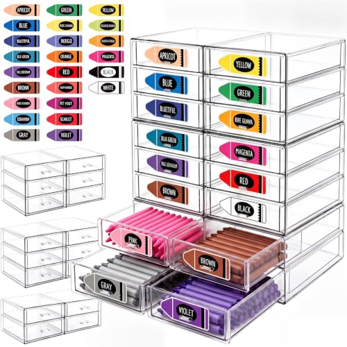 18 Pack Crayon Organizer for Classroom Stackable Crayon Storage Drawers with 24 Stickers Plastic Desktop Pen Art Craft Organization and Makeup Organizer for Classroom Stationary Office