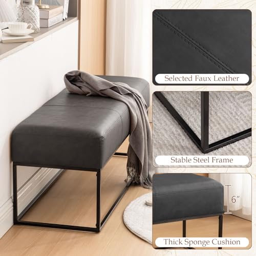 Image of Leather Entryway Bench, Modern Long Faux Leather Ottoman Bench Seat with Metal Frame, 47'' Upholstered Bedroom Bench for Living Room Entryway Window, Vintage Black